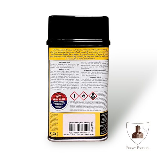 Liberon Liquid Beeswax with Pure Turpentine - 500ml back label